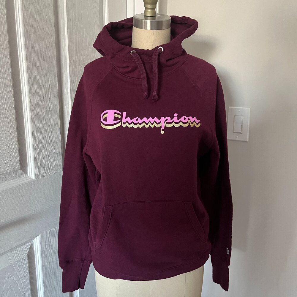 Champion Dark Berry Powerblend Logo Hoodie Cotton Blend Sweatshirt Athleisure M